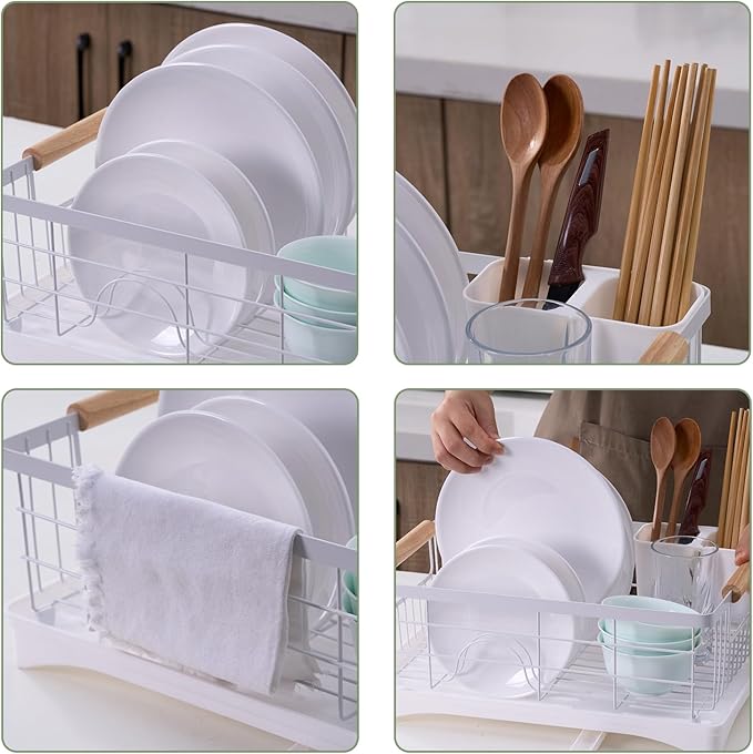Dish Drainer Rack - Plate, Cutlery, Pots, and Pans Drying Rack for Kitchen with Beechwood Handles - Modern Retro Design Drip Tray with Metal Rack - White
