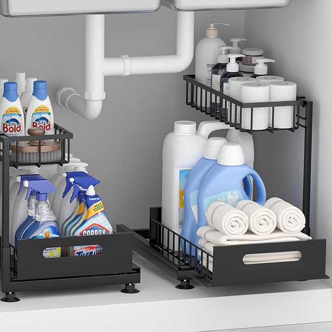 Under Sink Organizer Storage 2-Tier Premium Metal Pull-Out Kitchen Cabinet Organizer with Sliding Drawer, Height Adjustable, Heavy Duty for Kitchen & Bathroom Organizers 2 Pack Black