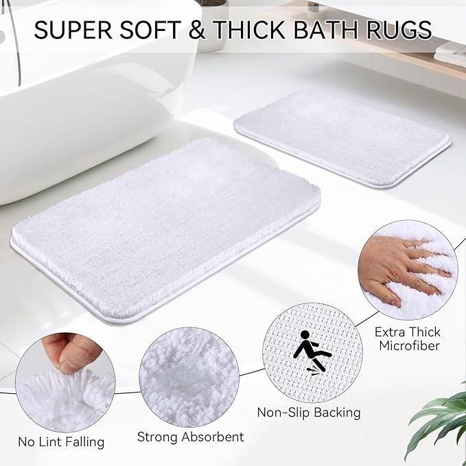 White Bathroom Set, White Bathroom Accessories Sets with Shower Curtain and No-Slip Bath Rugs, Natural Loofah Sponge, Soap Dispenser, Toothbrush Holder, Toothbrush Cup and Tray for Bathroom