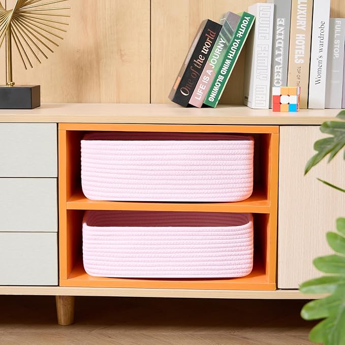Large Shallow Organizing Baskets 15x11x5.1 Inches - Rope Woven Storage Bins for Bathroom, Shelves, Cube Closet, Light Pink 3 Packs