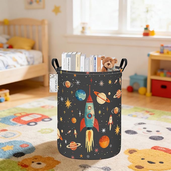 FANKANG Storage Basket, Nursery Hamper Canvas Laundry Basket Foldable with Waterproof PE Coating Large Storage Baskets for Kids Boys and Girls, Office, Bedroom, Clothes,Toys(Space rocket)
