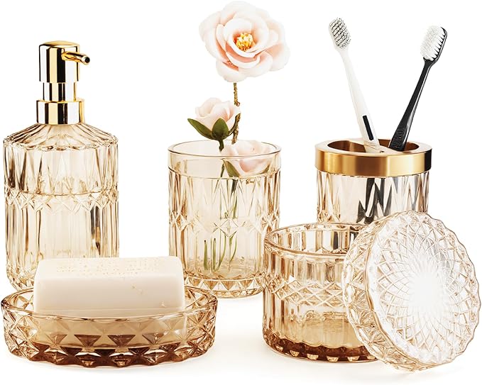 Bathroom Accessory Set 5 Pcs, Glass Bathroom Set Include Soap Dish, Toothbrush Holder, Mousewash Cup, Soap Dispenser, Cotton Swab Jar, Amber