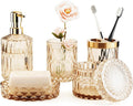 Bathroom Accessory Set 5 Pcs, Glass Bathroom Set Include Soap Dish, Toothbrush Holder, Mousewash Cup, Soap Dispenser, Cotton Swab Jar, Amber