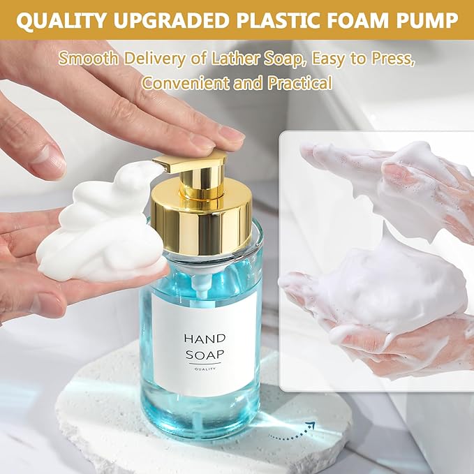 Foaming Soap Dispenser, 10 oz/300ml Gold Soap Dispenser, 2 Pack Glass Foaming Hand Dispenser for Bathroom & Kitchen, Clear Refillable Foam Bottle with Waterproof Labels