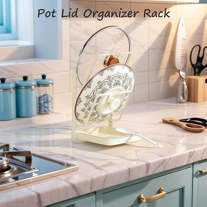 Kitchen Pot Lid Storage Rack, Stainless Steel Pot Lid Holder While Cooking for Countertop, Multifunctional Pots Lids Organizer Rack with Removable Drip Tray for Spatulas, Ladles & Large Lids (White2)