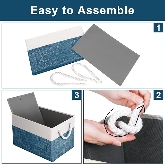 Fab totes Storage Bins [6-Pack], Foldable Storage Baskets for Organizing Toys, Books, Shelves, Closet, Large Storage Box with Rope Handles, Sturdy Organizer Bins, White & Blue