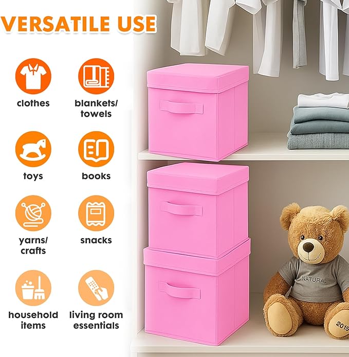 ShellKingdom Storage Bins, Foldable Fabric Storage Cubes with Lid, Clothes Storage Organizer Drawer For Closet Toys Storage, 10.5 X 10.5 X 11 INCH, 2 Pack (Pink)