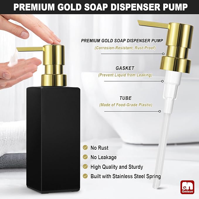 GMISUN Gold Hand Soap Dispenser, Black Glass Soap Dispenser with Gold Pump for Bathroom, 12 fl oz/350ml Refillable Dish Dispensers for Kitchen, Modern Liquid Lotion Bottles for Countertop