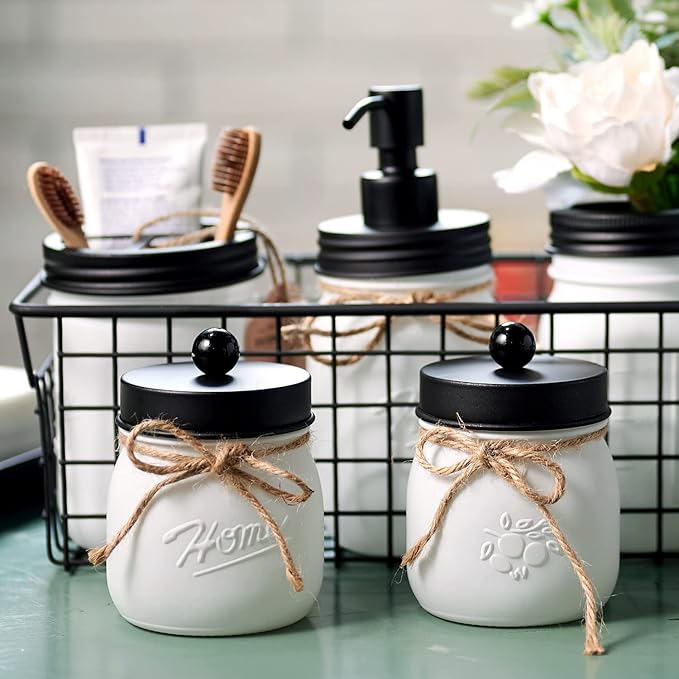 Amolliar Mason Jar Bathroom Accessories Set (4 Pack)—White Retro Lotion Soap Dispenser & 2 Apothecary Jars & Toothbrush Holder- Rustic Farmhouse Restroom, Bathroom Decor Countertop Organizer (Black)