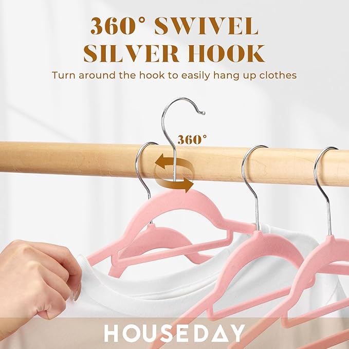 HOUSE DAY Velvet Hangers 20 Pack, Non-Slip Hangers with Tie Bar, Premium Standard Clothes Hangers Slim Felt Hanger 360° Swivel Hook for Closet Organized Storage Elegance Pink 72g/Pc