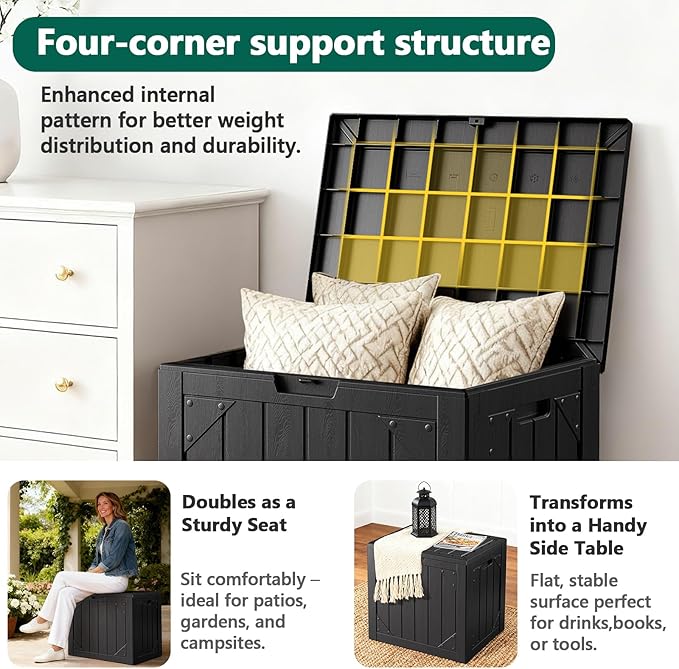 30 Gallon Deck Box Outdoor Storage Bench Outside Waterproof Resin Storage Bench, Lockable Patio Cushions,Garden Tools Storage For Furniture,UV Resistant (Plastic Black) (Plastic Black, 30 Gallon)