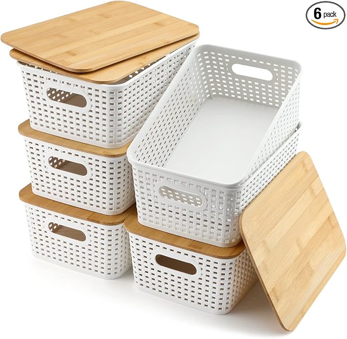 AREYZIN Storage Bins with Bamboo Lids Set of 6 Lidded Storage Container Plastic Baskets Organizer Bins for Organizing Kithen Room Bedroom Office Closet, Sturdy(White)