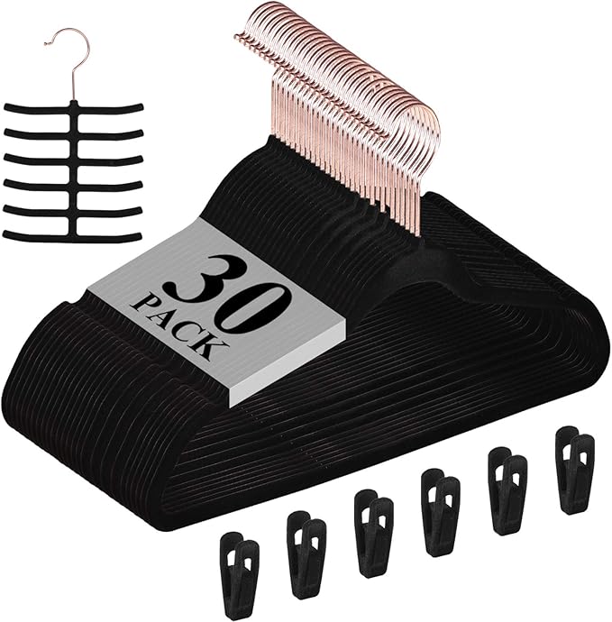 VECELO Premium Velvet Clothes Hangers Suit Heavy Duty (30 Pack)-Non Slip & Space-Saving with 6 Finger Clips & Tie Rack Excellent for Men and Women，Black