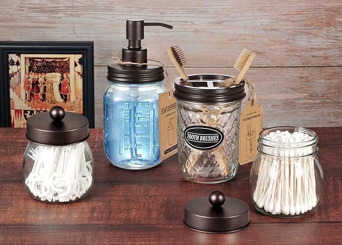 Amolliar Mason Jar Bathroom Accessories Set (4 Pcs) - Lotion Soap Dispenser & 2 Cotton Swab Holder & Toothbrush Holder-Rustic Farmhouse Decor, Countertop Vanity Organize, Bathroom Home Decor (Bronze)