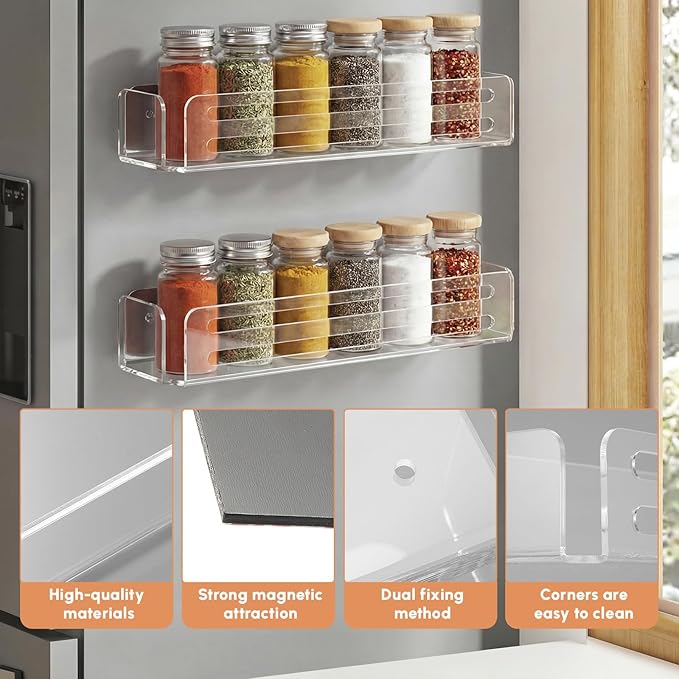 Novabright 2 Pack Magnetic Acrylic Spice Rack for Refrigerator Magnetic Fridge Shelf Storage Holder 11.8 Inch Clear Spice Seasoning Organizer for Cabinet Door, Cupboard or Wall Kitchen