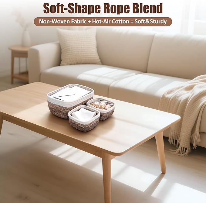 5-Pack Small Woven Rope Storage Baskets – 2 Sizes Organizer Bins for Closet, Shelf, Bookshelf, Nursery, Changing Table, Fabric Cube Boxes, Rectangular Shallow Bins for Bathroom, Toy & Home