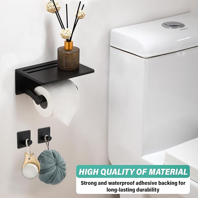 Toilet Paper Holder with Shelf + 2 PCS Towel Hooks - Self Adhesive Toilet Paper Storage - Tissue Roll Holder with Phone Shelf - Wall Mount Toilet Roll Bathroom Organizer - Black