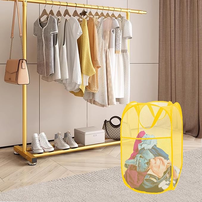 Pop Up Laundry Basket Mesh Collapsible Laundry Basket Foldable Popup Hamper for Bedroom, Dorms, Travel, Cruise, Yellow