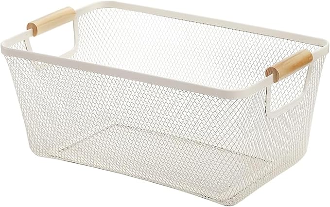 Metal Mesh Steel Basket, Large Wire Storage Organizer Basket Multi-function Hanging Kitchen Baskets with Wood Handle for Kitchen Bathroom Picnic Home, Rectangle-Off White