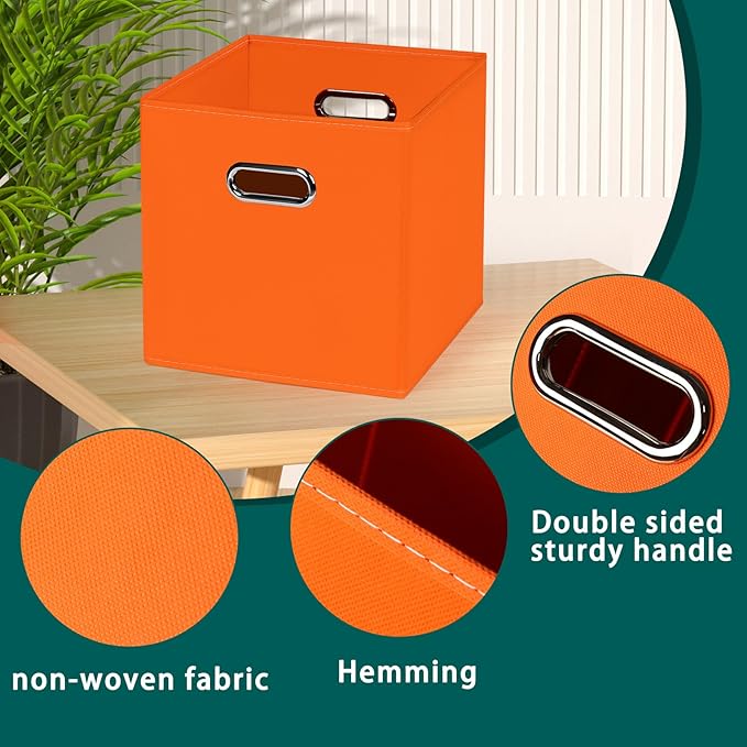 Black Foldable Storage Cubes Bins, Fabric Storage Box Cubes Organizer Baskets with Dual Handles for Home Organizer,Set of 3,(Orange)
