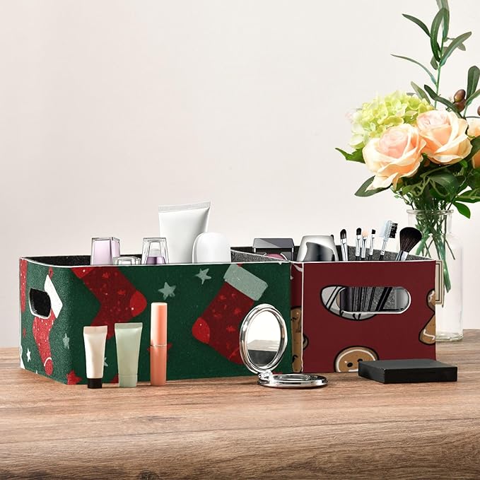 Green Christmas Socks with Stars Closet Storage Bins 2 Pcs Felt Open Home Storage Containers Organizer with Handles Collapsible Shelf Basket for Home Office Craft Room Classroom Fabric