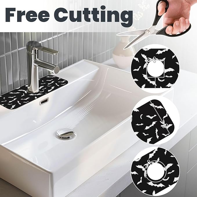Halloween Cool Black Bat Kitchen Sink Splash Guard Faucet Mat Super Absorbent Fast Drying Mat Sink Gadgets-Fast Drying Pad Sink Mat For Kitchen Bathroom (15" X 5.5" )
