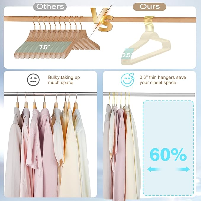 UNEED Ivory Velvet Hangers with Golden Hooks, 36 Pack - Ultra Thin Space Saving, Non-Slip Clothes Hangers for All Clothing, Dorm & Closet Organization (Heavy Duty, Anti-Scratch,360° Protection)