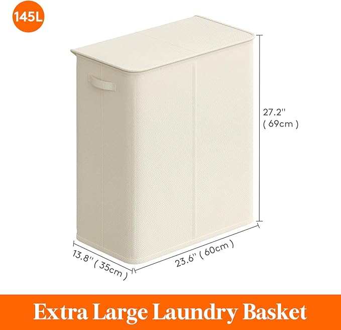 Lifewit Double Laundry Hamper with Lid and Removable Laundry Bags, Large Collapsible 2 Dividers Dirty Clothes Basket with Handles for Bedroom, Laundry Room, Closet, Bathroom, College, 145L White