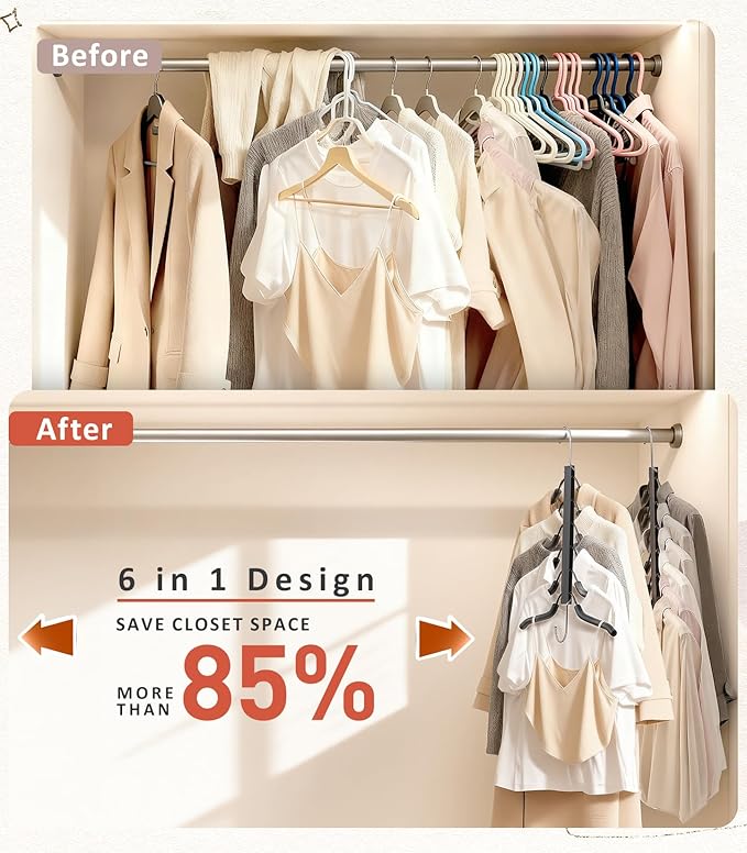 HUITEM Clothes Hangers Space Saving 6 Tier Coat Hangers, Swing Arm Non Slip Padded Multi Sweater & T Shirt Hangers, 3 Packs Heavy Duty Stainless Steel Sweater Closet Organizers and Storage