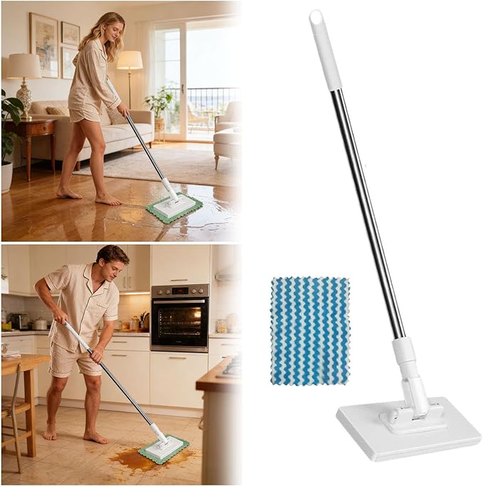Mops for Floor Cleaning with 8/16 Pcs Microfiber Rags, 2026 Mop with Pressure Clamping System, Reusable Automatic Clamping Cloth, Mini Lazy Floor Mop for Office, Home Use (White,16 Rags)