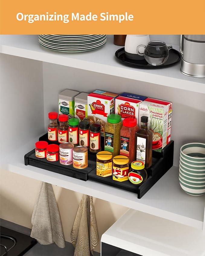 Spice Rack, 3-Tier Expandable Bamboo Spice Rack Organizer for Cabinet, Kitchen, Pantry and Cupboard Storage Organizer-Black(2pack)