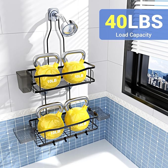 Hanging Shower Caddy Bathroom Organizer: Rustproof Shower Shelf Racks Over Shower Head - No Drilling Inside Bath Shower Rack Shelves Over Showerhead for Shampoo with Soap Holder Black