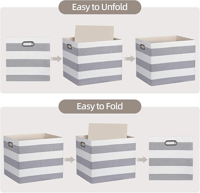 13x15x13 Storage Cube Bins, Foldable Storage Cubes, Fabric Organizer Basket Bin, Striped Containers Decorative Storage Boxes for Shelves Wardrobe Closet Home Office, 4 Pack, Gray/White