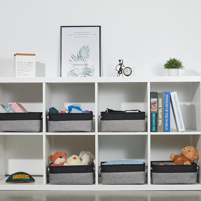 Bidtakay Storage Baskets [6 Pack] Small Fabric Canvas Collapsible Storage Bins 11.8 X 7.8 X 5 Inches Organizer Baskets with Handles Decorative Square Baskets for Cabinet Shelves Closet(Black&Grey)