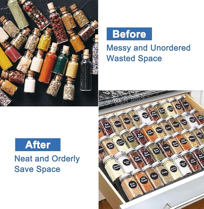 Expandable Spice Drawer Rack Organizer Insert for Kitchen Cabinet - Multi Tier Adjustable Spice Storage Shelf for Seasoning and Jar, Pack of 6
