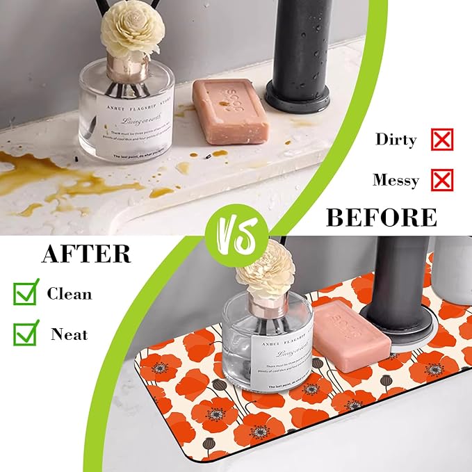 Sink Faucet Absorbing Mat Poppy Flowers Sink Splash Guard Drying Mat for Kitchen Bathroom Faucet Sinkmat 15.5"X5.5"