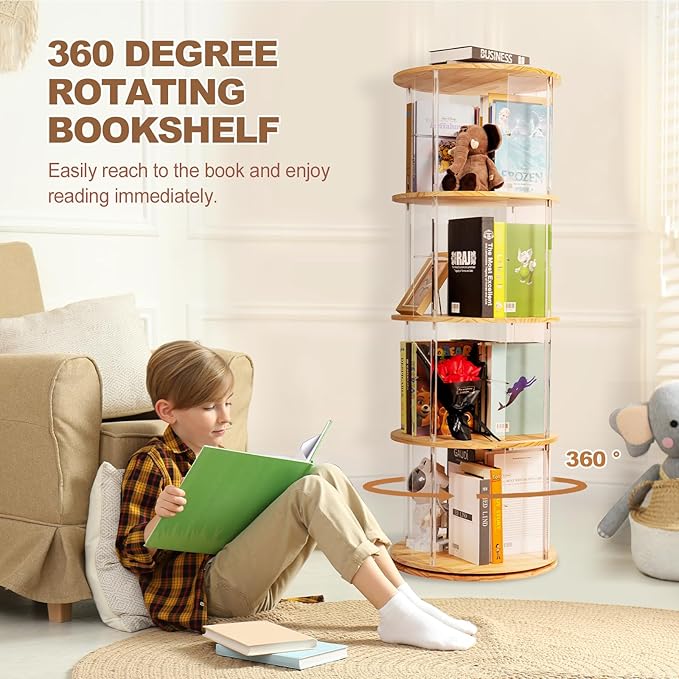 360° Rotating Bookshelf, 4-Tier Spinning Book Shelf Tower with Solid Wood & Clear Acrylic, Round Revolving Bookcase for Living Room, Bedroom and Office