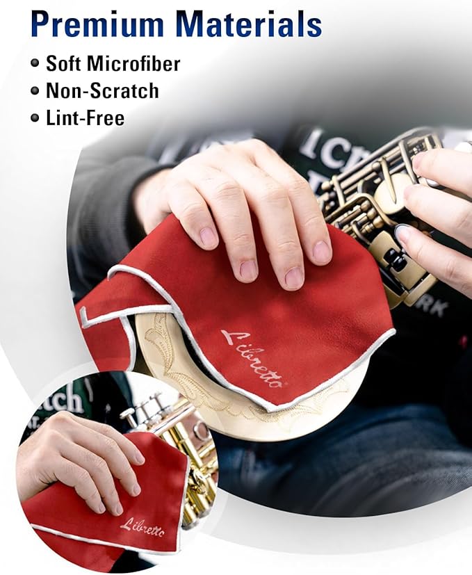 Libretto Microfiber Polish Cloth for Musical Instrument, 3 Sizes in 1 Pack, Trumpet and Brass Cleaning Product, Red, Lint-Free, for Piano, Violin, Guitar, Saxophone, Laptop.