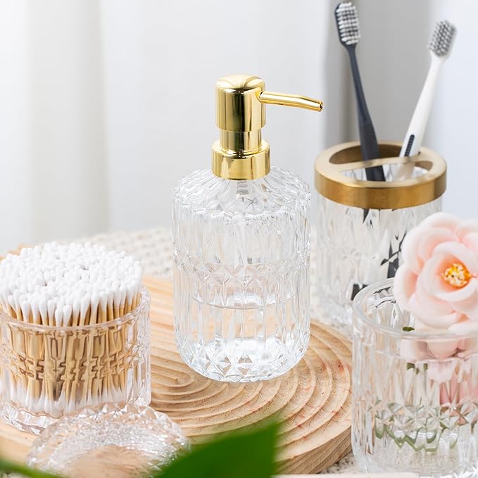 Bathroom Accessory Set 5 Pcs, Glass Bathroom Set Include Soap Dish, Toothbrush Holder, Mousewash Cup, Soap Dispenser, Cotton Swab Jar, Clear