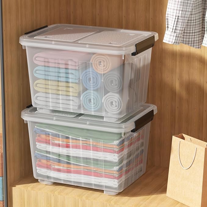 Ggbin 30 Quart Clear Latching Container Bin with Wheels, Plastic Lidded Storage Bins Set of 4