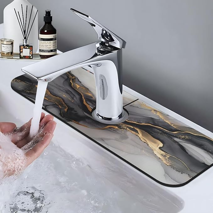Faucet Draining Mat For Kitchen Sink, Black And Gold Marble Diatom Mud Absorbent Drain Pad For Bathroom Kitchen Sink Splash Guard Drying Mat