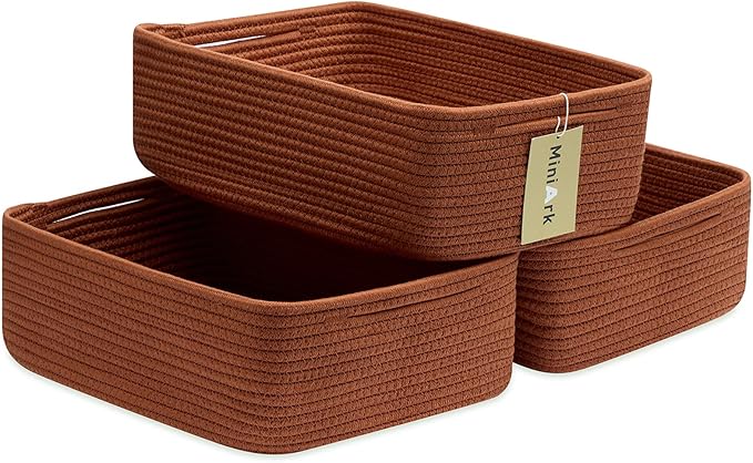 Large Shallow Organizing Baskets 15x11x5.1 Inches - Rope Woven Storage Bins for Bathroom, Shelves, Cube Closet, Red 3 Packs