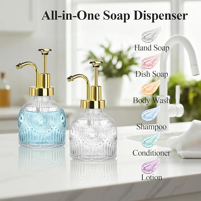 SheeChung Vintage Soap Dispenser, Kitchen Dish Soap Dispensers with Pump Mat, Glass Hand Soap Dispenser for Bathroom, Liquid, Lotion, Refillable, Rustic Farmhouse Decor-Clear (Gold Pump, 2 pk)