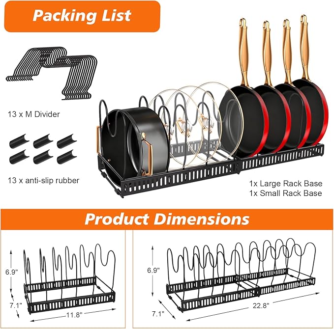 Pot and Pan Organizer Rack for Under-Cabinet Storage - Adjustable Kitchen Cabinet Organizer with 13 Dividers, Expandable Cutting Board Holder & 6 Non-Slip Silicone Pads-Black