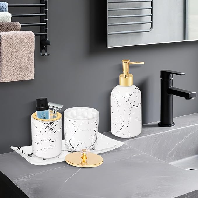 Haturi Glass Bathroom Accessories Set – 4-Piece Marble-Style White and Gold Bathroom Set with Soap Dispenser, Toothbrush Holder, Jar with Lid – Elegant Glass Design for Modern Vanity Décor