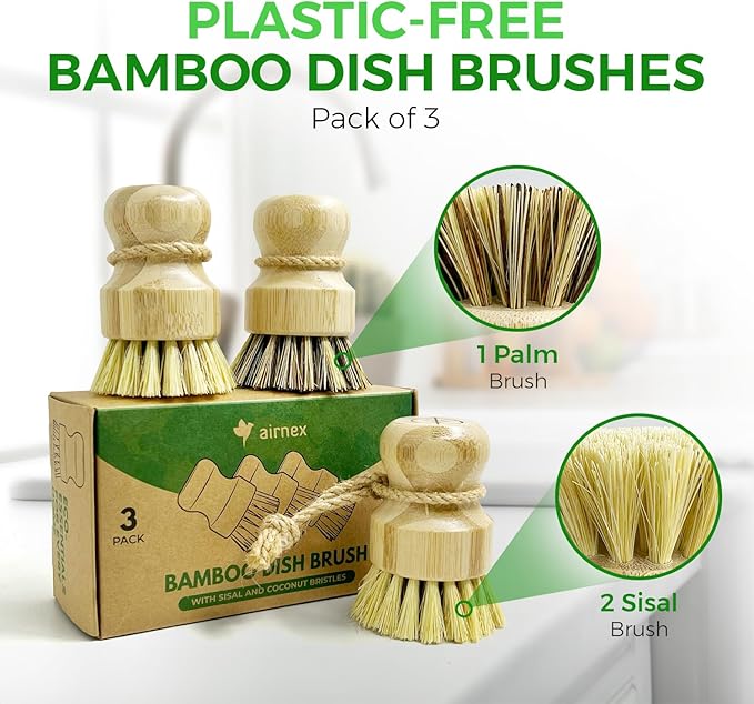 Bamboo Dish Brush Set of 3 - Natural Wooden Dish Scrubber w/Medium Stiff Sisal & Coconut Bristles - Kitchen Scrub Brush for Dishes, Pots & Pans - Plastic Free, Non Scratch Bristles