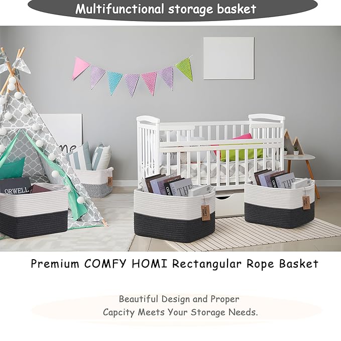 COMFY-HOMI 3PACK Cotton Rope Square Basket with Handles for Shelves| Storage|Baby Basket for Gif|Shoe basket for Organizing|New13.5" x 11" x 9.5" for Living Room（White/Dark Grey）