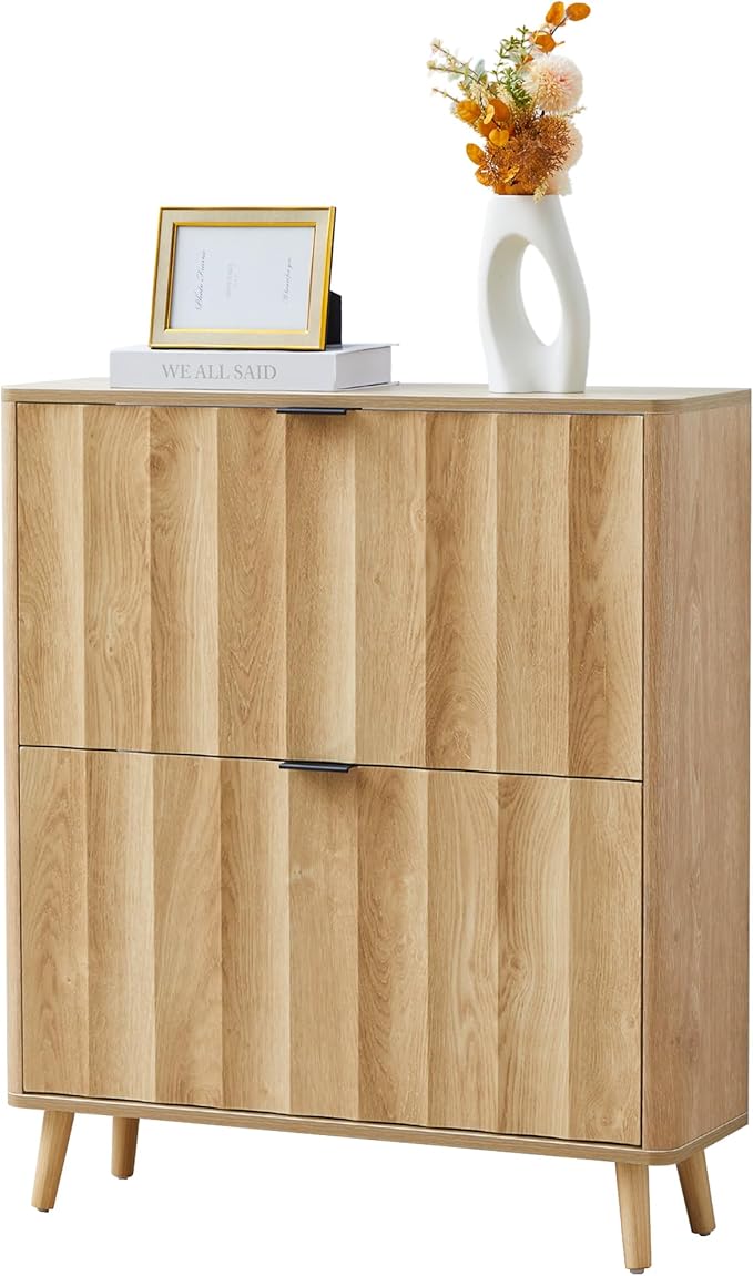 Bifins 31.5” Fluted Shoe Cabinet Storage with 2 Flip Drawers,Narrow Freestanding Shoe Storage Organizer,Slim Shoe Rack Cabinet for Entryway,Hallway (Natural)