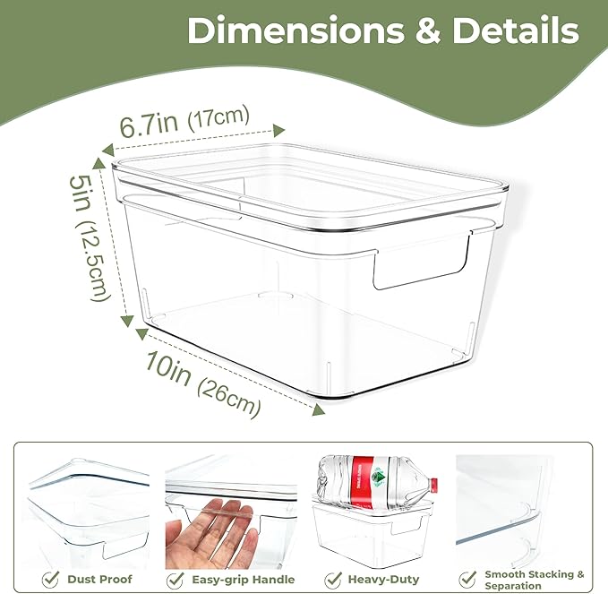 MOONEDGE Clear Plastic Storage Bins with Lids and Handles – Stackable Organizer Containers for Fridge, Kitchen, Pantry, Bathroom, Closet, Laundry Room, Office – 2 Pack (10×6×5 in)