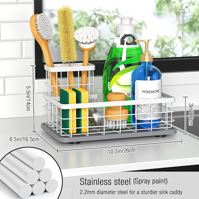 EXTRA LARGE Kitchen Sink Caddy Organizer, [FLEXIBLE PLACEMENT & FAST-DRYING] Sponge Holder for Kitchen Sink Countertop,Stainless Steel with Rust-Resistant Coating-10.24" L x 6.5" W x 5.83" H